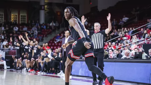 Mike James celebrates a 3-pointer at Boston College on Jan. 25, 2023.