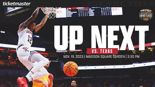Graphic promoting Louisville Basketball's game against Texas on Sunday at Madison Square Garden in New York.