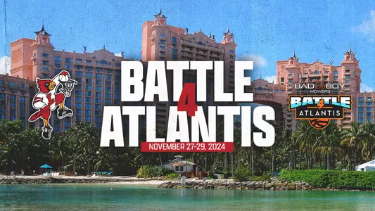 Graphic promoting men's basketball's 2024 MTE in the Battle4Atlantis in the Bahamas