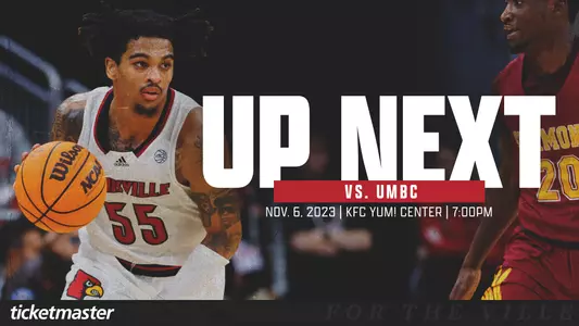 Graphic featuring Skyy Clark to promote Louisville Basketball's next game against UMBC.