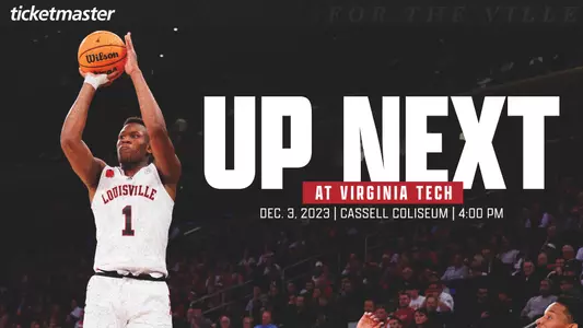 Graphic promoting Louisville Basketball's road game at Virginia Tech on Sunday, December 3rd.