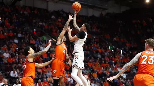 JJ Traynor shoots against Virginia Tech at Cassell Coliseum in Blacksburg, Va., on Dec. 3, 2023.