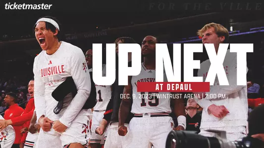 Graphic promoting Louisville Basketball's next game at DePaul at 2 PM ET on Saturday, December 9th in Chicago.