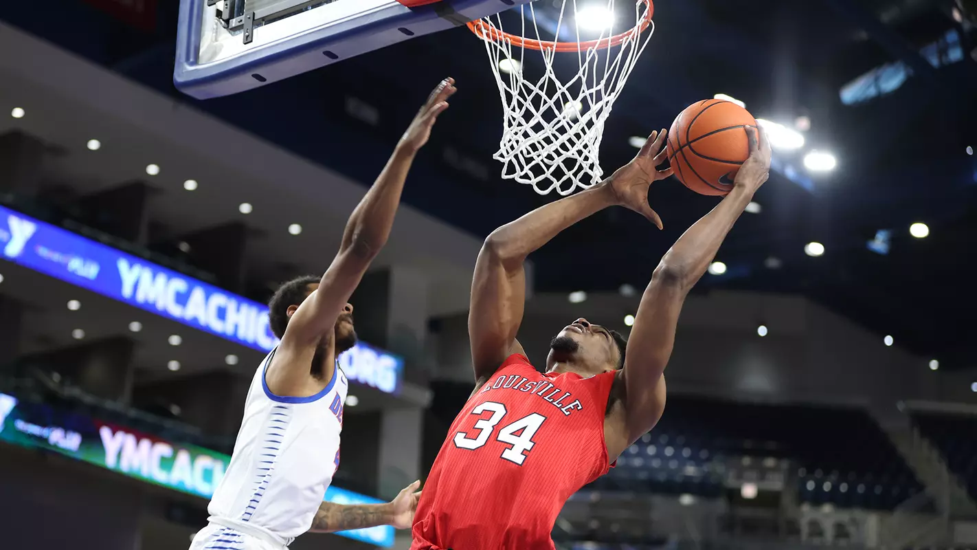 Emmanuel Okorafor attacks the basket at DePaul on Dec. 9, 2023, in Chicago.