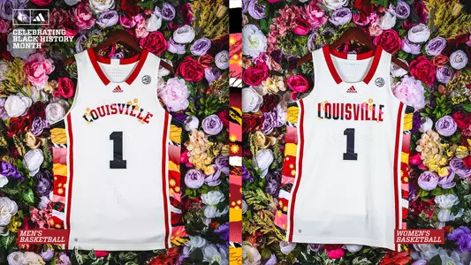 Black History Month uniforms featuring cream colors and golden flowers to be worn by Louisville Men's and Women's Basketball.