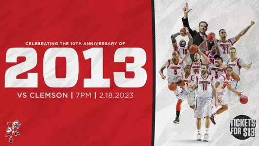Graphic announcing the celebration of the 2013 season vs. Clemson on Feb. 18, 2023.