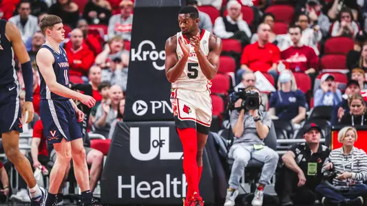 Brandon Huntley-Hatfield celebrates after a play against Virginia on Feb. 15, 2023.