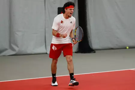 Matthew Fung Celebrates after a point During the match against Belmont on February 25th 2023.