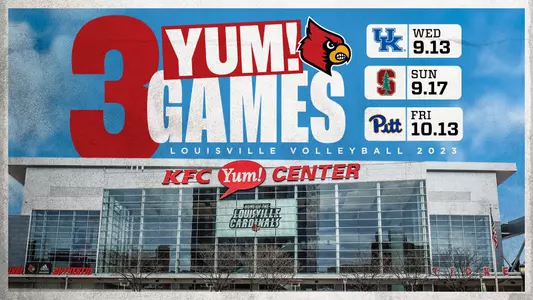 Graphic of YUM! Center with dates of downtown volleyball matches