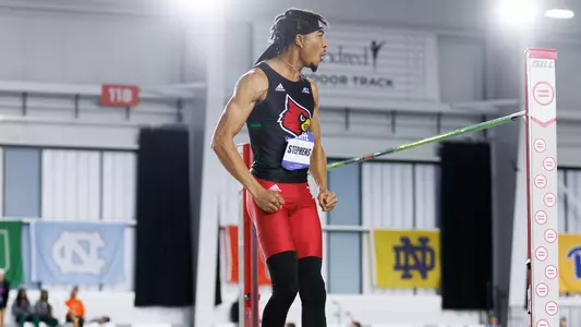 Brion Stephens celebrates after clearing the bar at the ACC Indoor Championships
