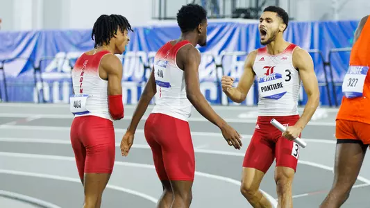 Men's 4x400m relay team celebrates after a runner-up finish at the ACC Indoor Championships