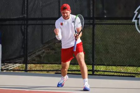 Natan Rodrigues celebrates during the game against Notre Dame at the Bass Rudd Center on April 13, 2023.