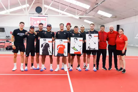 David Mizrahi with the rest of the men's tennis team on Senior Day.