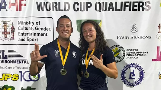 Will Holt and Carter Ayars pose after helping USA Field Hockey win the Hockey5s Pan American Gold Medals