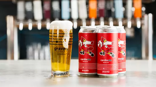 A photo of the new Cardinale beer in the partnership between Louisville Athletics and Gravely Brewing Company.