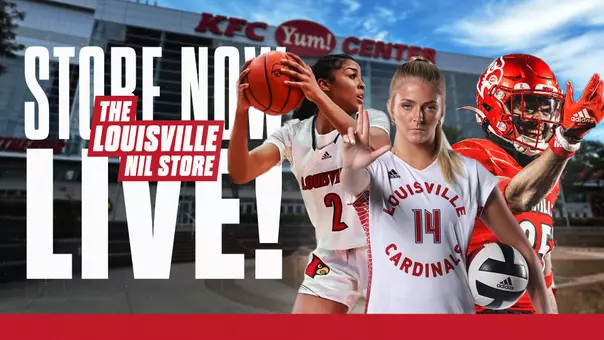 A graphic for the Louisville NIL Store launching featuring Cardinal student-athletes.