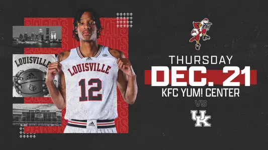 A graphic featuring JJ Traynor that announces the Louisville-Kentucky men's basketball game will be played on December 21st this season at the KFC Yum! Center.