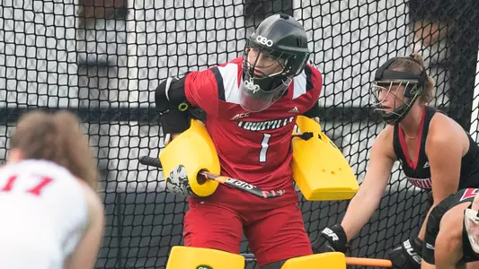 Merlijn van der Vegt defends a penalty corner against Northeastern