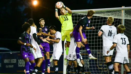 Alex Svetanoff makes a save at Evansville.