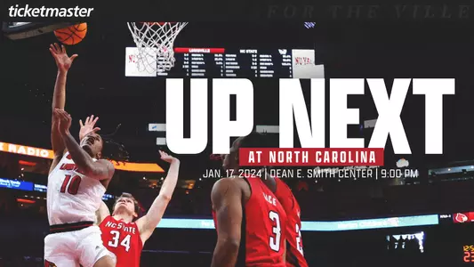 Graphic promoting Louisville Basketball's game at North Carolina on Wednesday, January 17th.