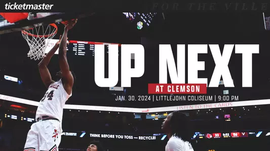 Graphic promoting Louisville Basketball's game at Clemson on Jan. 30, 2024.