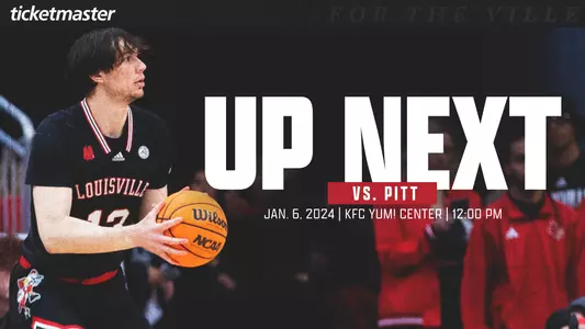 Graphic previewing Louisville Basketball's home game against Pitt at noon Saturday, January 6th.