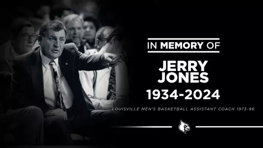 Graphic in memory of longtime UofL basketball assistant coach Jerry Jones, who passed Monday at the age of 89.