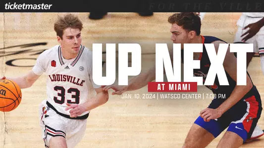 Graphic promoting Louisville Basketball's game at Miami on Jan. 10, 2024.
