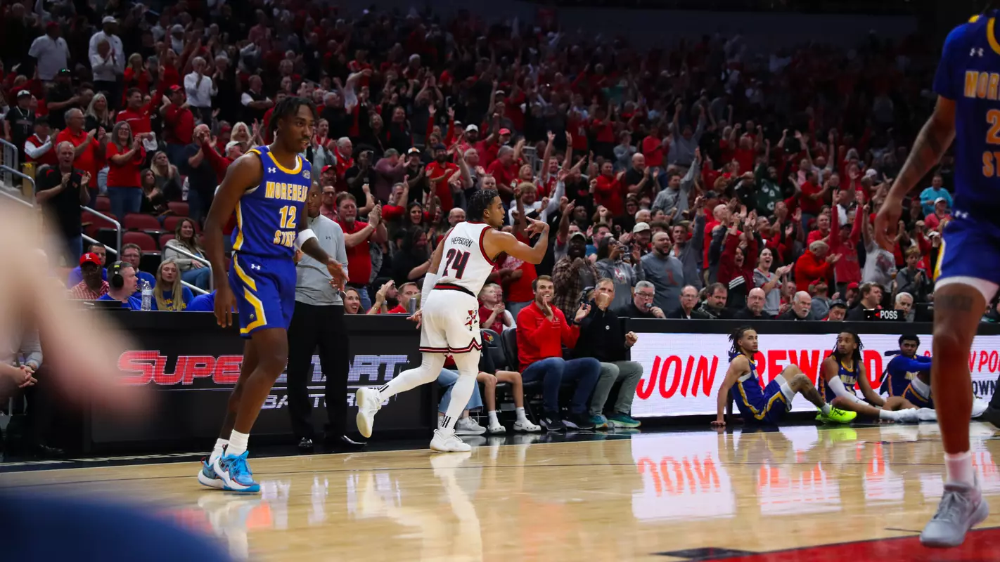 Chucky Hepburn celebrates a 3-pointer celebration against Morehead State on November 4, 2024