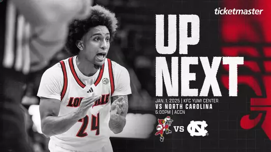 Up Next graphic for Louisville men's basketball vs. North Carolina
