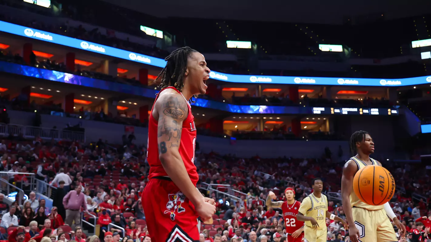 Kaleb Glenn celebrates after a play in the win over Georgia Tech on Feb. 10, 2024.