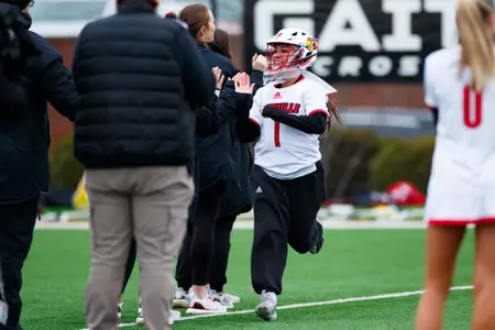 Sara Addeche runs out onto the field during introductions before the game against Marquette on February 16, 2024.