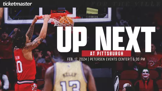 Graphic promoting Louisville Basketball's game at Pitt at 6:30 p.m. on Saturday, February 17th.