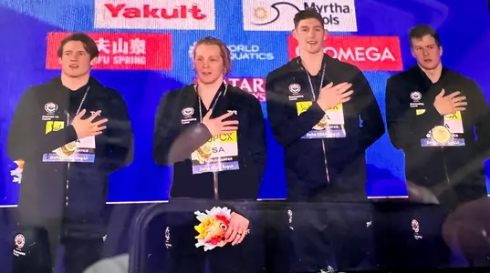Zach Harting on the podium at Worlds for USA National Anthem