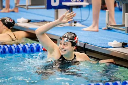 Fernanda Celidonio celebrates after her prelim swim