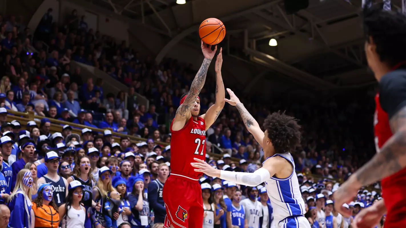 Tre White shoots a 3-pointer at Duke on Feb. 28, 2024.