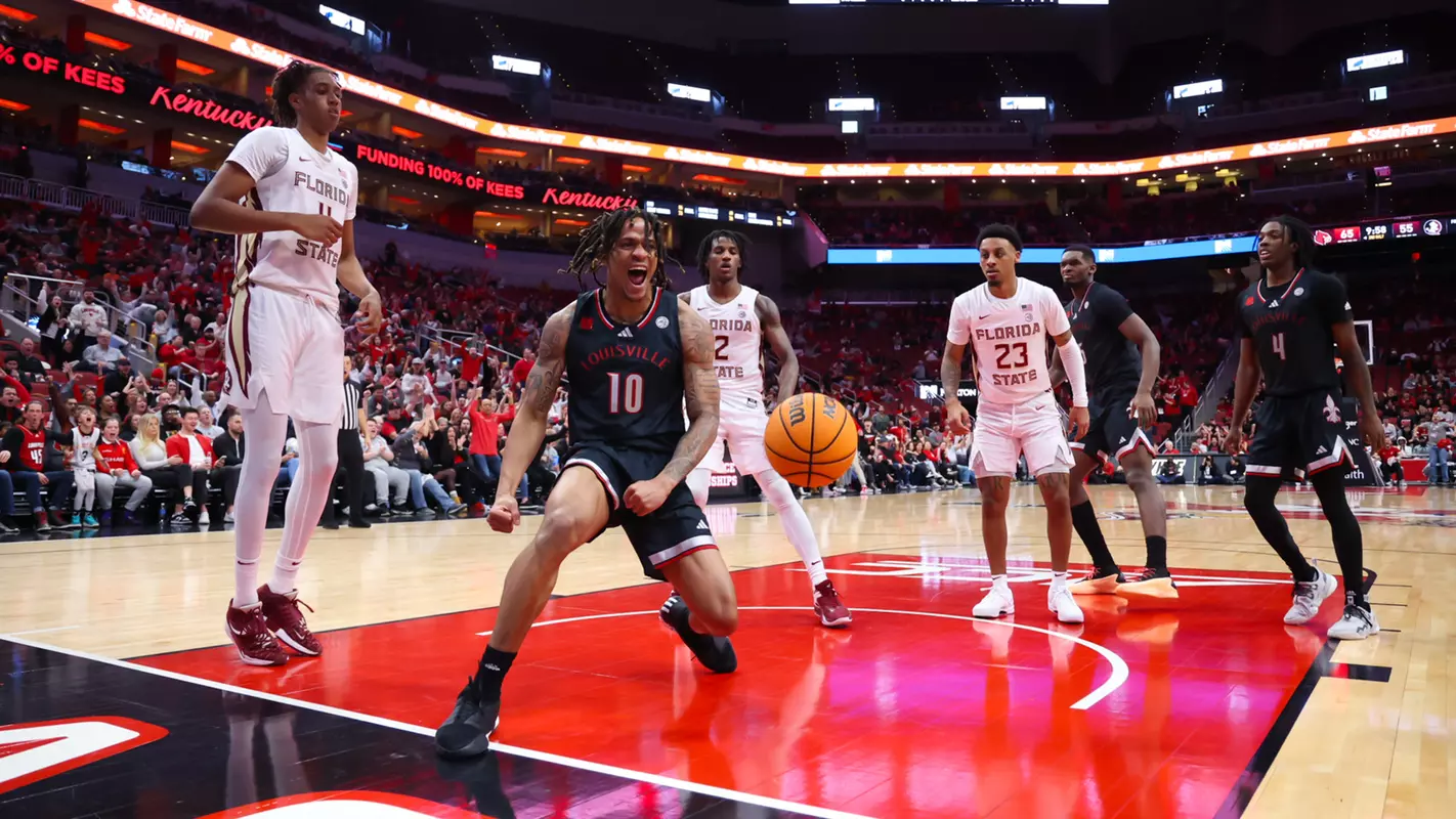 Kaleb Glenn celebrates after a dunk against Florida State on Feb. 3, 2024.