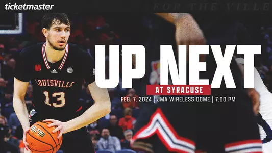 Graphic promoting Louisville men's basketball's road game at Syracuse on Wednesday, February 7th.