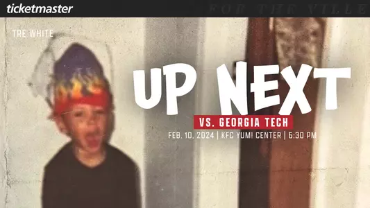 Graphic promoting Louisville Basketball's home game against Georgia Tech on Saturday, February 9th.