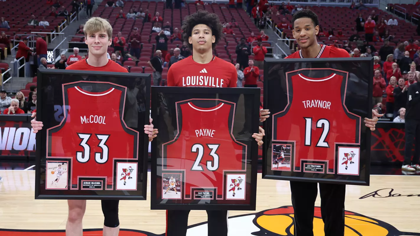 Aidan McCool, Zan Payne and JJ Traynor are honored in Senior Night festivities before Louisville Basketball's game against Boston College on Saturday, March 9, 2024.