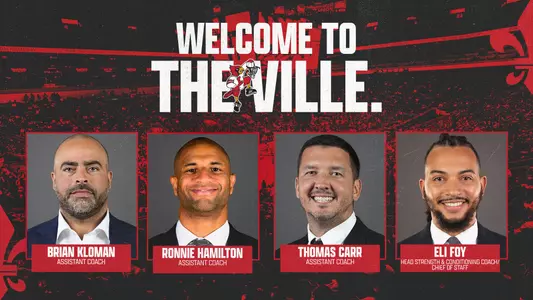 New Graphic for Louisville Men's Basketball Announcing Hires of Brian Kloman, Ronnie Hamilton, Thomas Carr and Eli Foy