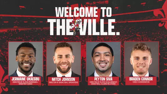 Graphic announcing Louisville men's basketball's hires of Jermaine Ukaegbu, Mitch Johnson, Peyton Siva and Braden Connor.