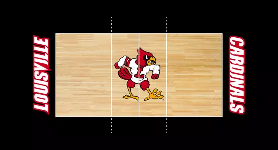 Schematic rendering of volleyball floor redesign with Fighting Cardinal Bird