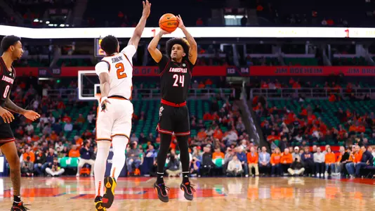 Chucky Hepburn shoots a 3 at Syracuse in the JMA Wireless Dome on January 14, 2025