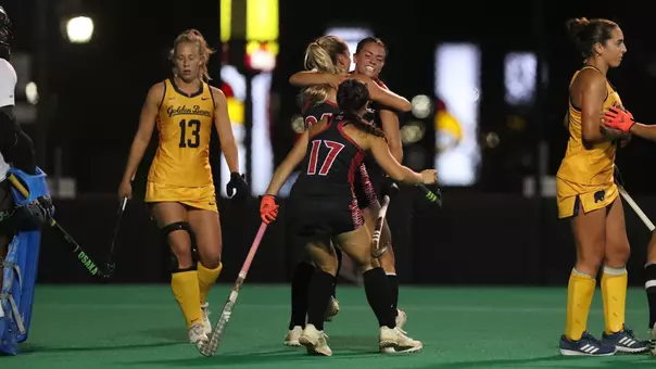 Field hockey celebrates a goal in the win against California