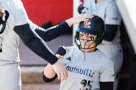 Maddi Grant celebrates after scoring against Central Michigan at Ulmer Stadium on February 28.