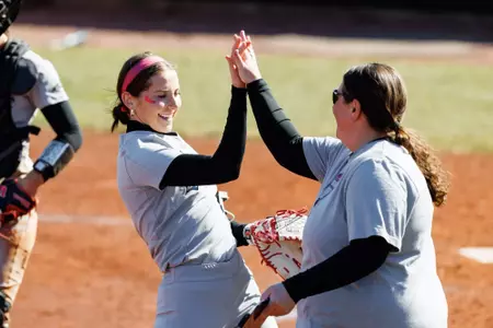 Ryann Sanders celebrates after winning the game against Central Michigan at Ulmer Stadium on February 28.