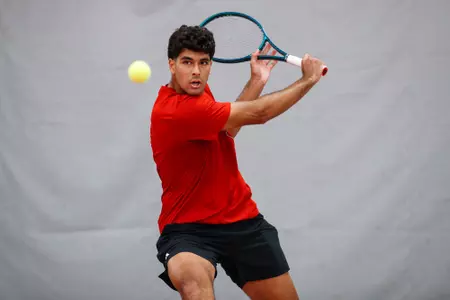 Hamza El Amine prepares to hit the ball during match against Middle Tennessee State at Bass-Rudd Tennis Center on April 10, 2025.