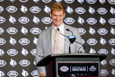 Miller Moss speaking at the 2025 ACC Kickoff.