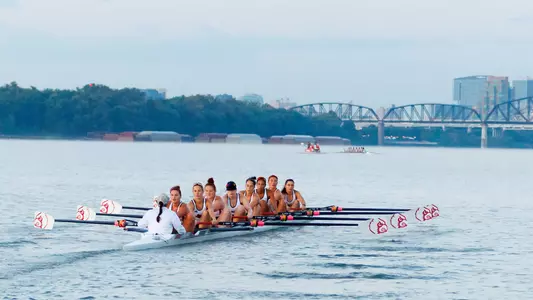The UofL Rowing Team practices on the Ohio River